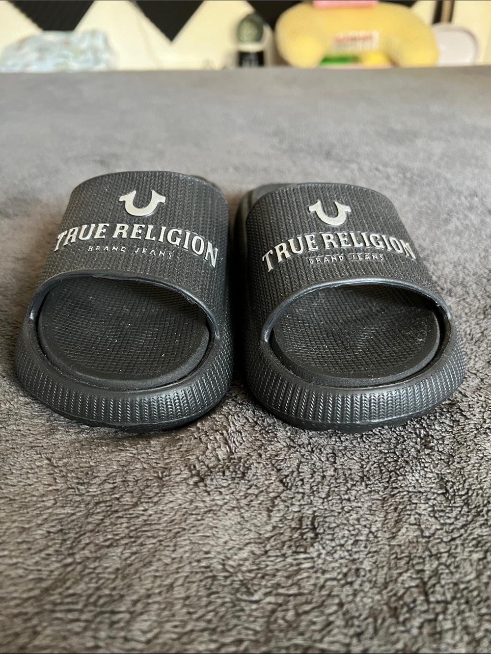 True Religion Black Logo Slide Sandals